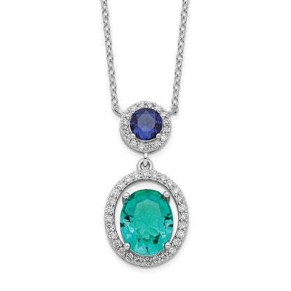 Sterling Silver Rhodium-Plated Cz Glass Stone Dangle Pendant Necklace