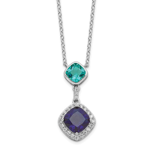 Sterling Silver Rhodium-Plated Cz Glass Stone Dangle Pendant Necklace