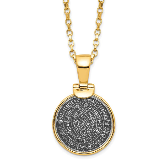 Sterling Silver Ss Gold-Tone Polished Replica Phaistos Coin Pendant W/2 In Ext. Necklace