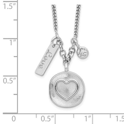 Sterling Silver Rhodium-Plated Satin Heart/Love/Cz W/1.5In Ext Necklace