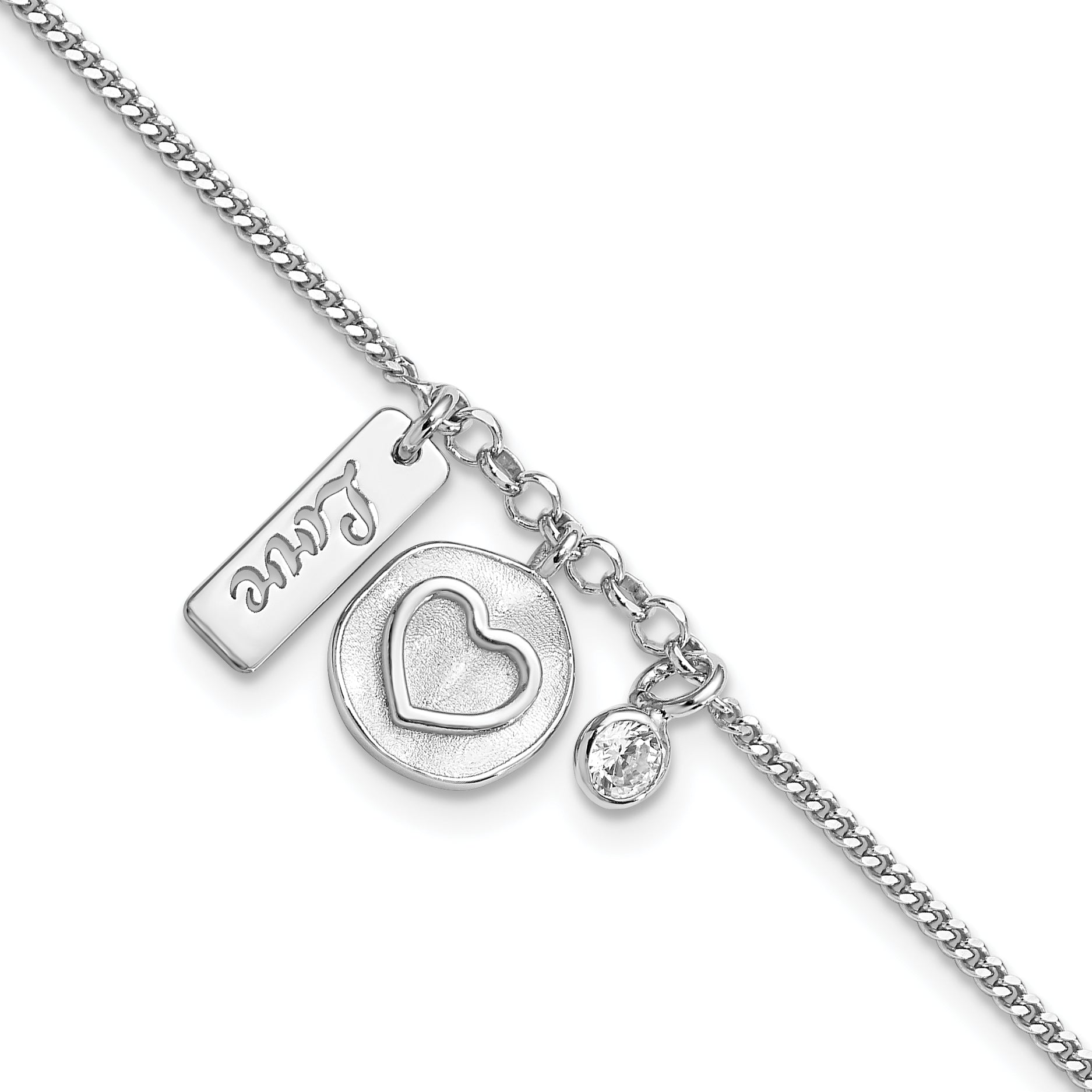 7 Inch Sterling Silver Rhodium-Plated Satin Heart Love Cz With .5In Ext Bracelet