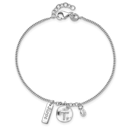 7 Inch Sterling Silver Rhodium-Plated Satin Cross Hope Cz With .5In Ext Bracelet