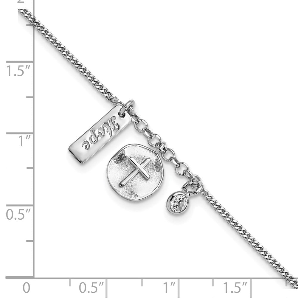 7 Inch Sterling Silver Rhodium-Plated Satin Cross Hope Cz With .5In Ext Bracelet