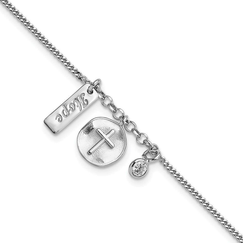 7 Inch Sterling Silver Rhodium-Plated Satin Cross Hope Cz With .5In Ext Bracelet