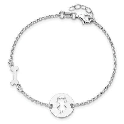 7 Inch Sterling Silver Rhodium-Plated Puppy And Bone W/.5 In Ext Bracelet