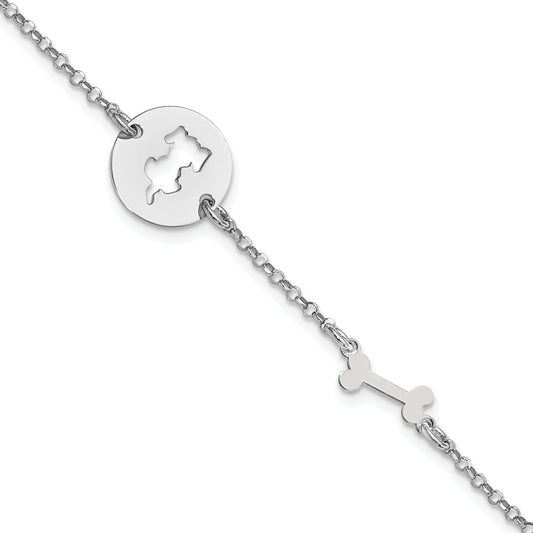 7 Inch Sterling Silver Rhodium-Plated Puppy And Bone W/.5 In Ext Bracelet