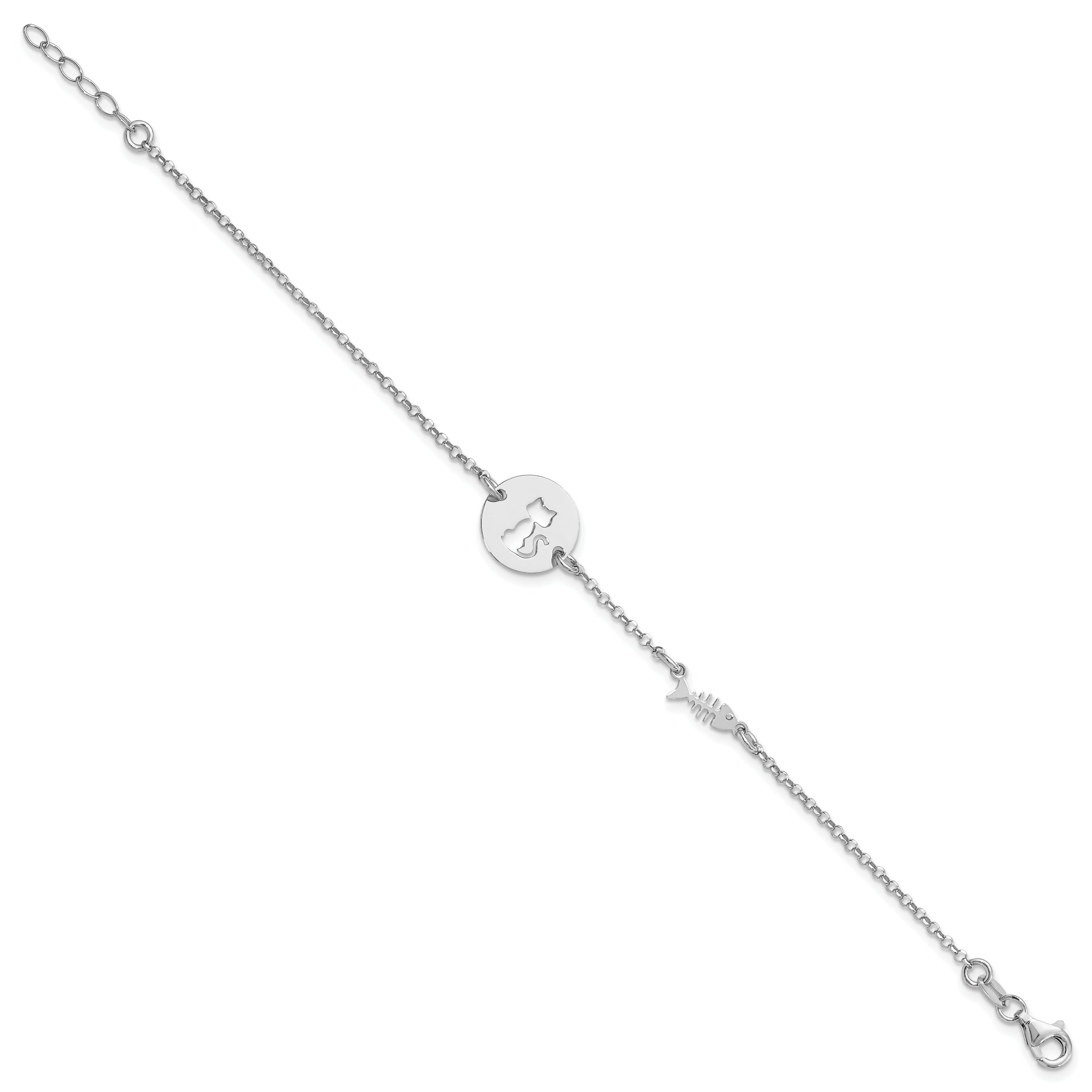 7 Inch Sterling Silver Rhodium-Plated Kitty And Fish W/.5 In Ext Bracelet