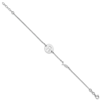 7 Inch Sterling Silver Rhodium-Plated Kitty And Fish W/.5 In Ext Bracelet