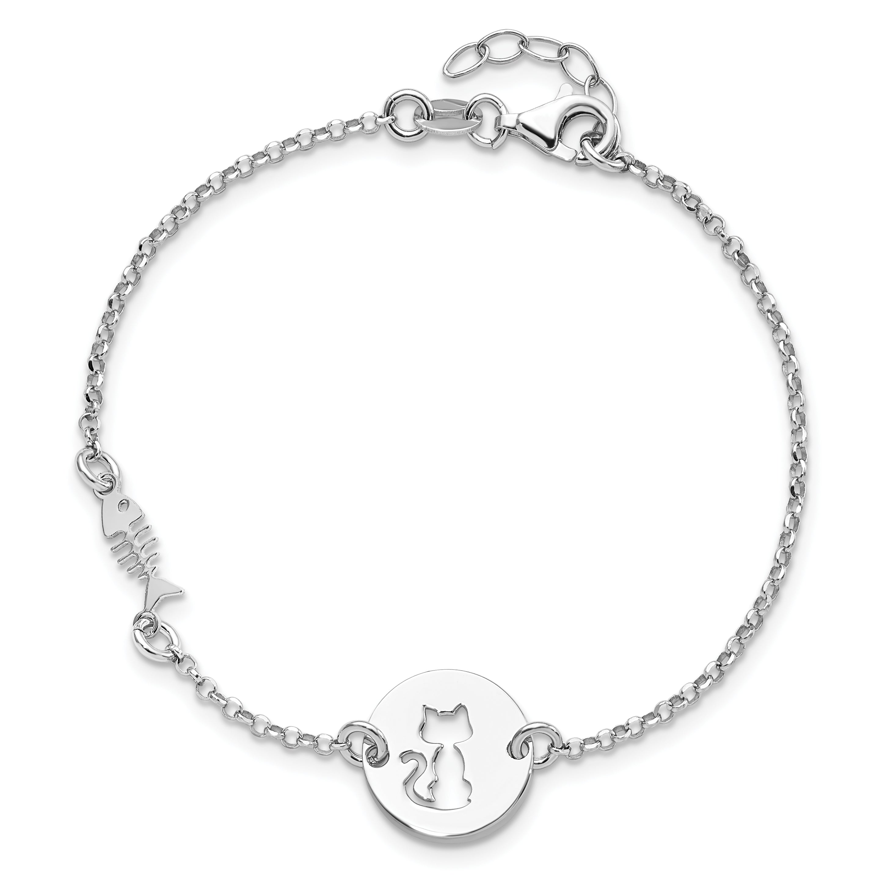 7 Inch Sterling Silver Rhodium-Plated Kitty And Fish W/.5 In Ext Bracelet
