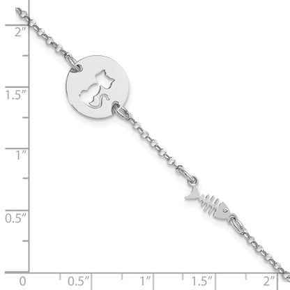 7 Inch Sterling Silver Rhodium-Plated Kitty And Fish W/.5 In Ext Bracelet