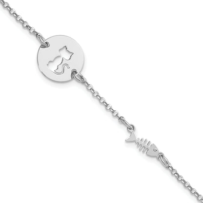7 Inch Sterling Silver Rhodium-Plated Kitty And Fish W/.5 In Ext Bracelet