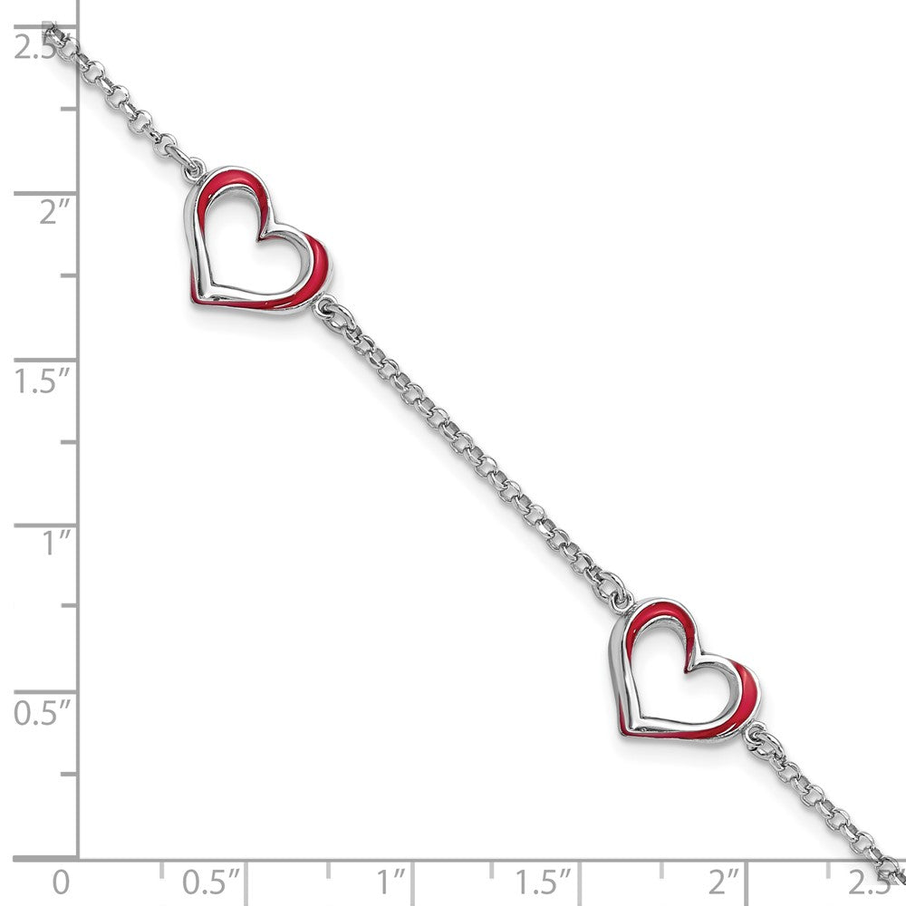 7 Inch Sterling Silver Rhodium-Plated Red Enamel 3-Heart W/.5 In Ext Bracelet