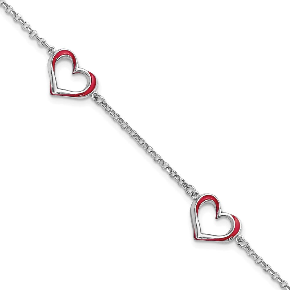 7 Inch Sterling Silver Rhodium-Plated Red Enamel 3-Heart W/.5 In Ext Bracelet