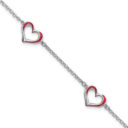 7 Inch Sterling Silver Rhodium-Plated Red Enamel 3-Heart W/.5 In Ext Bracelet