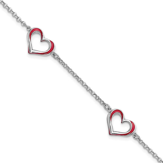 7 Inch Sterling Silver Rhodium-Plated Red Enamel 3-Heart W/.5 In Ext Bracelet