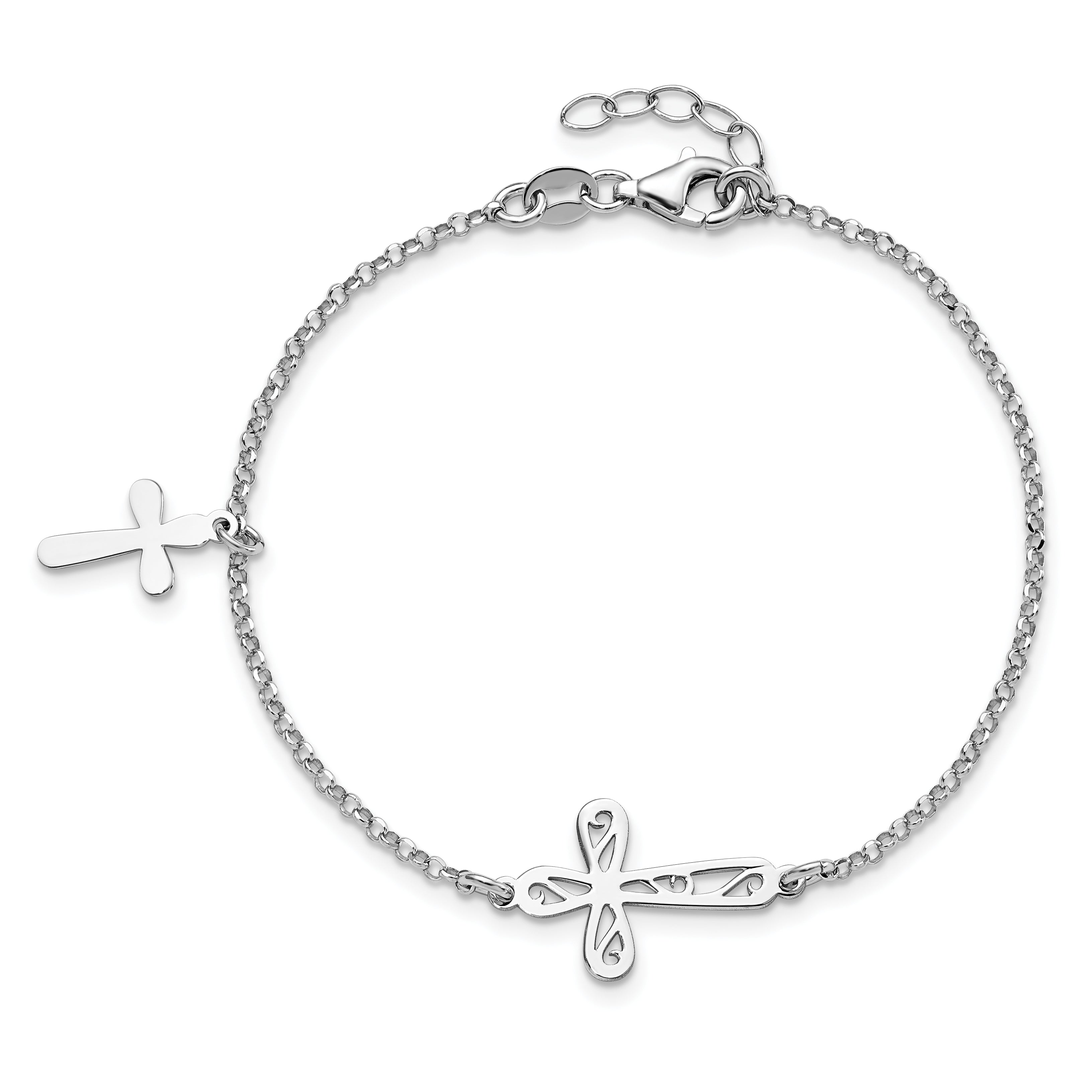 7.5 Inch Sterling Silver Rhodium-Plated 2-Cross W/.5 In Ext Bracelet