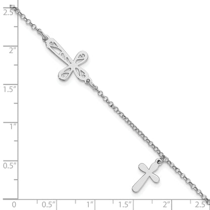7.5 Inch Sterling Silver Rhodium-Plated 2-Cross W/.5 In Ext Bracelet