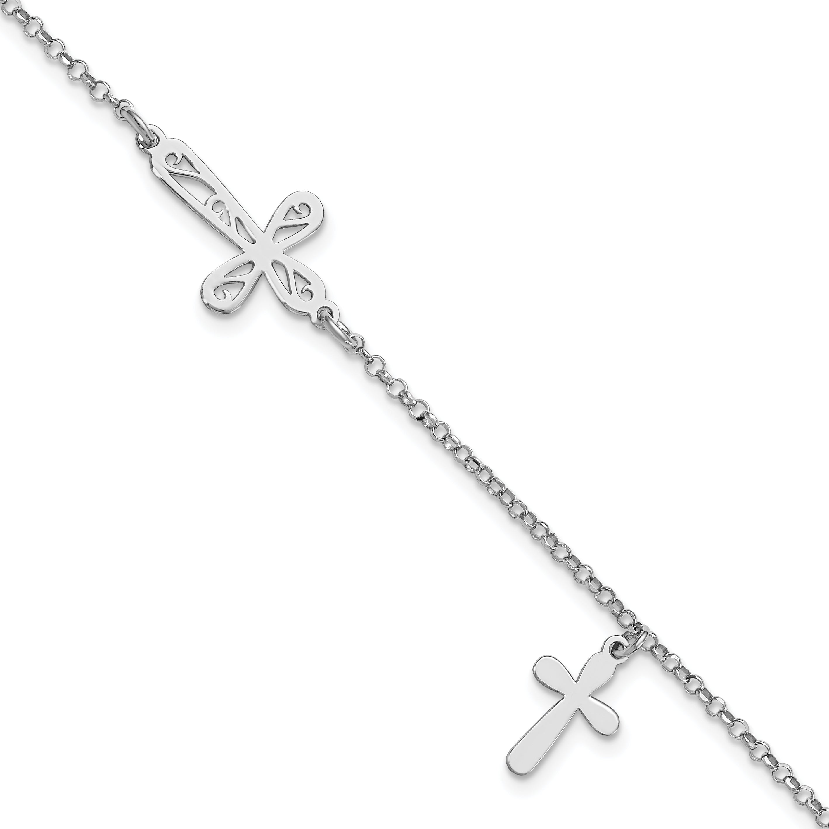 7.5 Inch Sterling Silver Rhodium-Plated 2-Cross W/.5 In Ext Bracelet