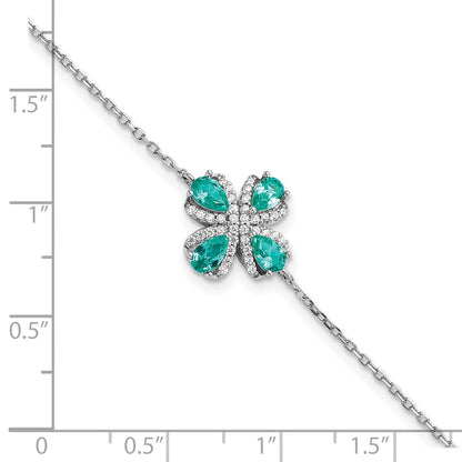 7 Inch Sterling Silver Rhodium Plated Teal & White Cz W/1In Ext Bracelet