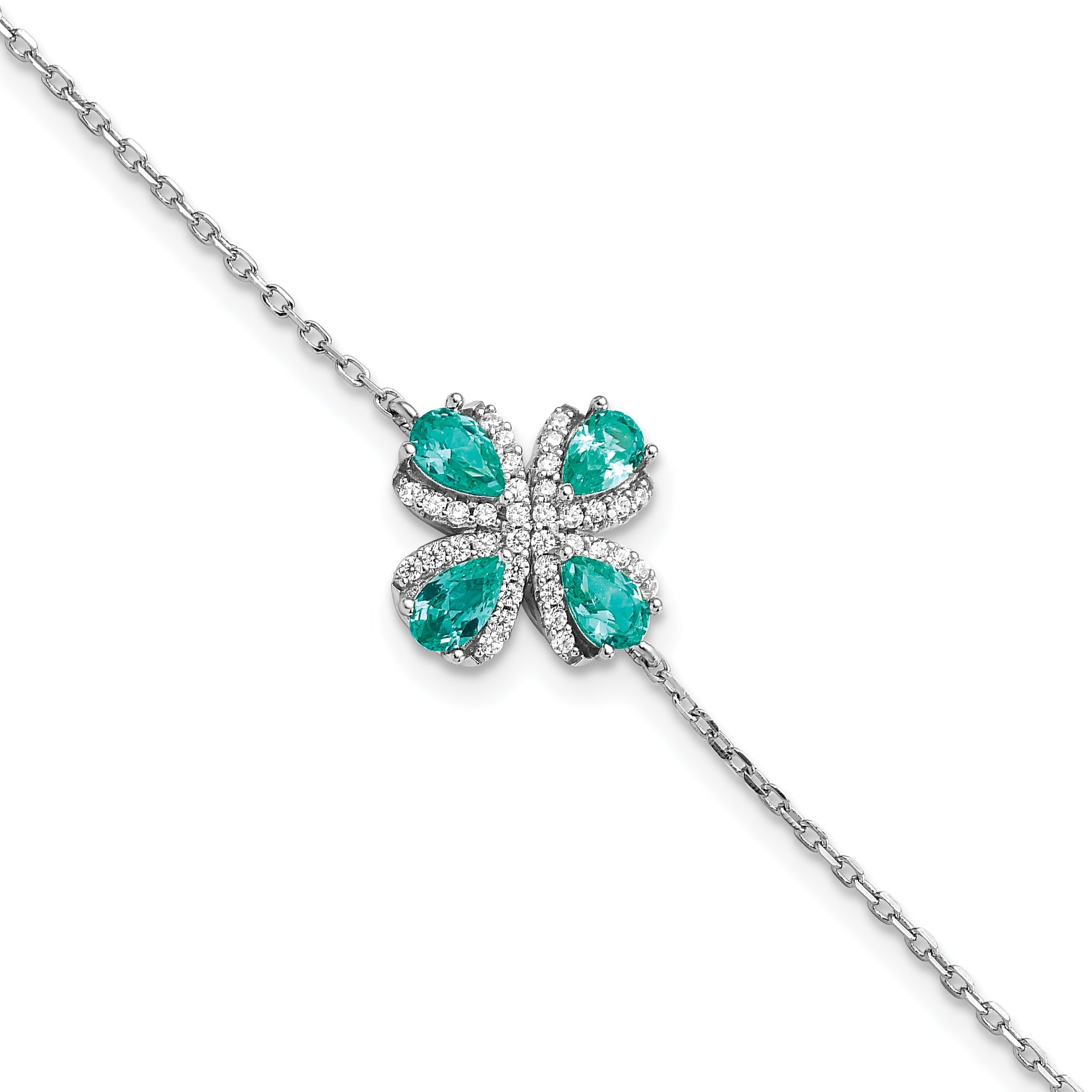 7 Inch Sterling Silver Rhodium Plated Teal & White Cz W/1In Ext Bracelet
