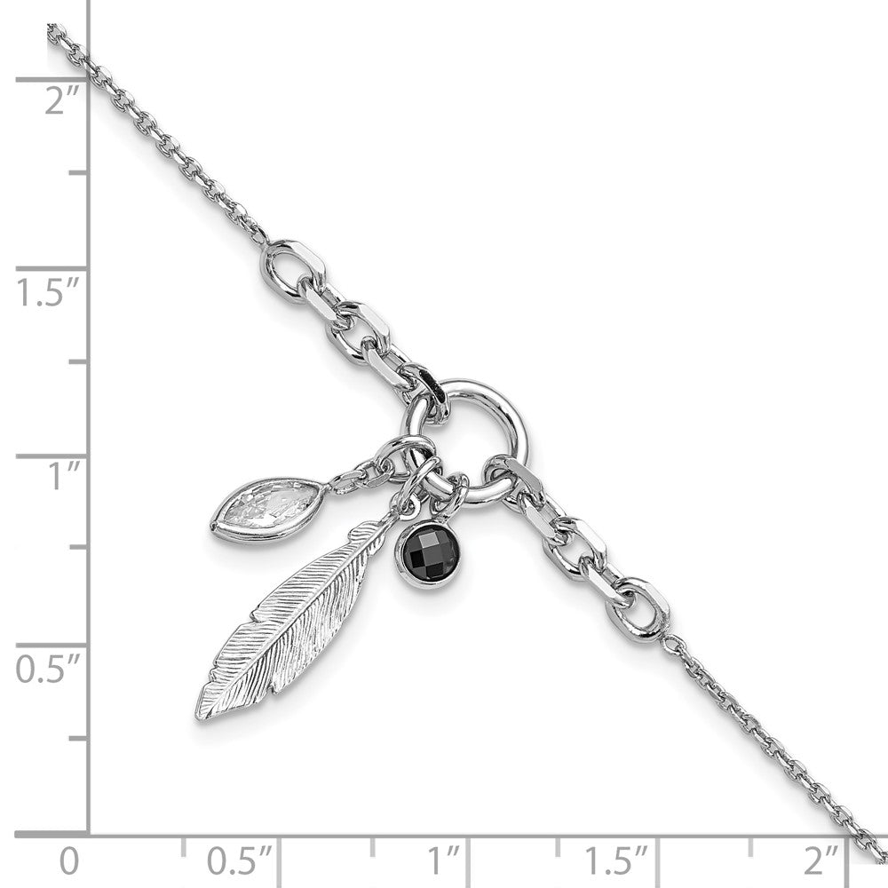 7 Inch Sterling Silver Rhodium-Plated Feather And Cz W/.5 In Ext Bracelet