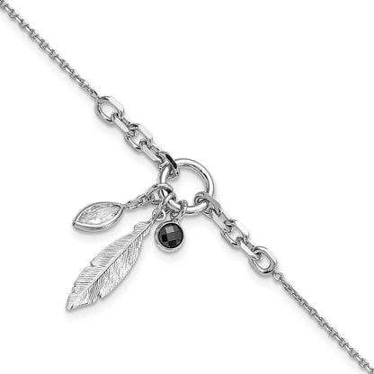 7 Inch Sterling Silver Rhodium-Plated Feather And Cz W/.5 In Ext Bracelet