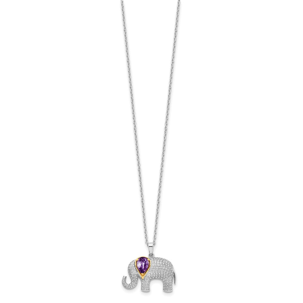 Sterling Silver Brilliant Gemstones With 14K Accent Rhodium-Plated Amethyst And Diamond Elephant 18 Inch Necklace 2 Extender