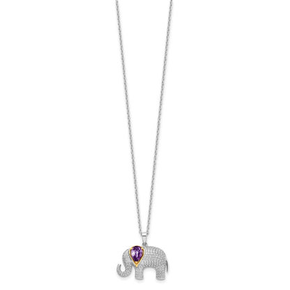 Sterling Silver Brilliant Gemstones With 14K Accent Rhodium-Plated Amethyst And Diamond Elephant 18 Inch Necklace 2 Extender