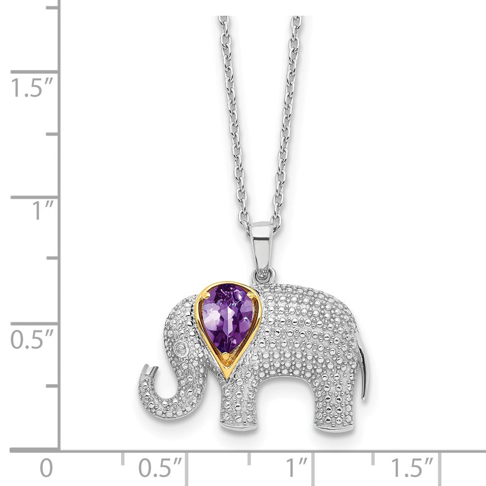 Sterling Silver Brilliant Gemstones With 14K Accent Rhodium-Plated Amethyst And Diamond Elephant 18 Inch Necklace 2 Extender