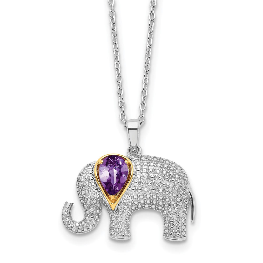 Sterling Silver Brilliant Gemstones With 14K Accent Rhodium-Plated Amethyst And Diamond Elephant 18 Inch Necklace 2 Extender