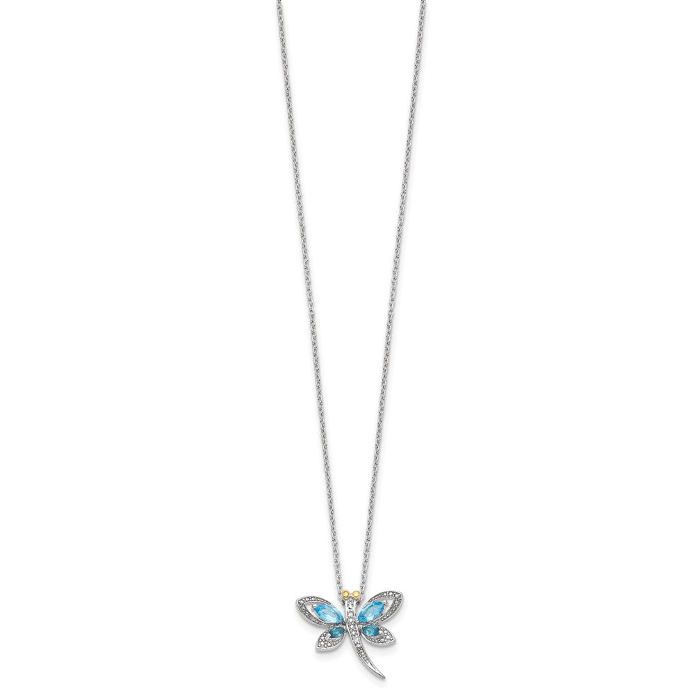 Sterling Silver Brilliant Gemstones With 14K Accent Rhodium-Plated Light Blue Topaz And London Diamond Dragonfly 18 Inch Necklace 2 Extender