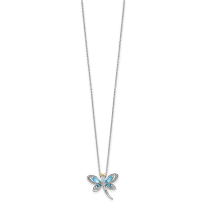 Sterling Silver Brilliant Gemstones With 14K Accent Rhodium-Plated Light Blue Topaz And London Diamond Dragonfly 18 Inch Necklace 2 Extender