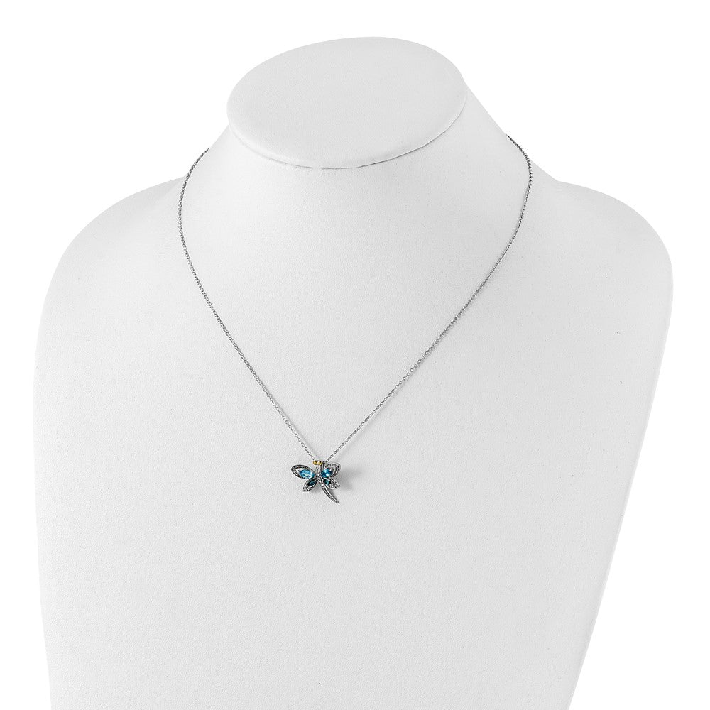 Sterling Silver Brilliant Gemstones With 14K Accent Rhodium-Plated Light Blue Topaz And London Diamond Dragonfly 18 Inch Necklace 2 Extender