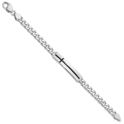 Sterling Silver Rhodium-Plated Enameled Cross on Bar Men's 8in Bracelet