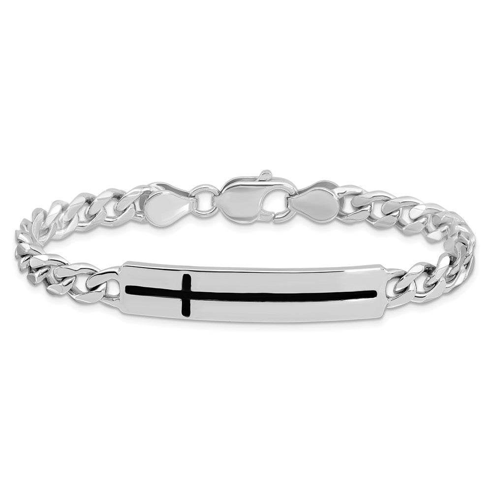 Sterling Silver Rhodium-Plated Enameled Cross on Bar Men's 8in Bracelet