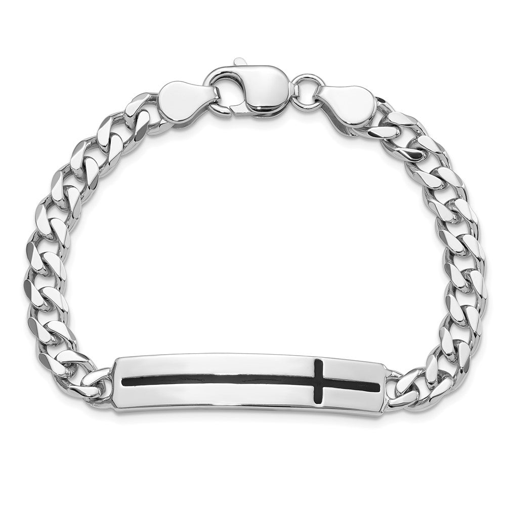 Sterling Silver Rhodium-Plated Enameled Cross on Bar Men's 8in Bracelet