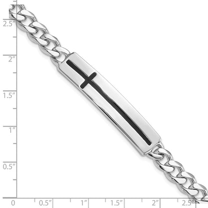 Sterling Silver Rhodium-Plated Enameled Cross on Bar Men's 8in Bracelet
