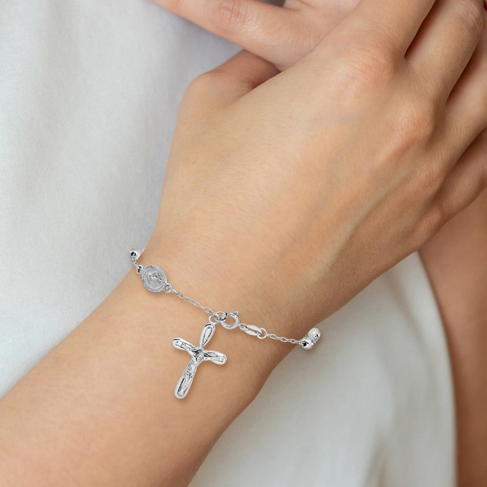 Sterling Silver Rhodium-Plated Dangle Cross Beaded Rosary 7.5in Bracelet