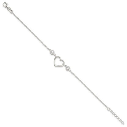 Sterling Silver Rhodium-Plated Polished CZ Heart with 1in Ext Bracelet