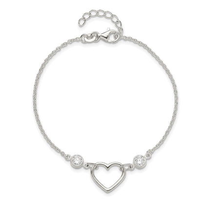Sterling Silver Rhodium-Plated Polished CZ Heart with 1in Ext Bracelet