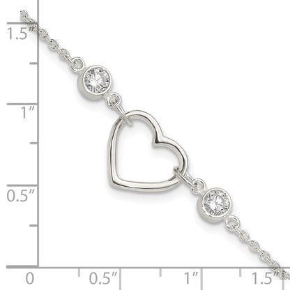 Sterling Silver Rhodium-Plated Polished CZ Heart with 1in Ext Bracelet