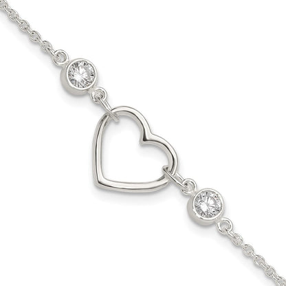 Sterling Silver Rhodium-Plated Polished CZ Heart with 1in Ext Bracelet