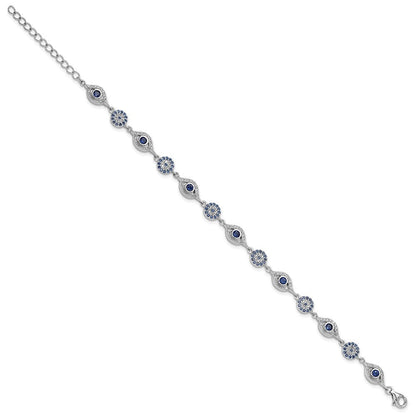 Sterling Silver Rhodium Plated Blue White CZ Evil Eye 7.25in w/1.5in Ext. Bracel