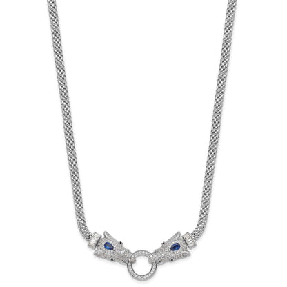 Sterling Silver Rhodium-Plated Blue and Clear CZ Elephant Head Necklace