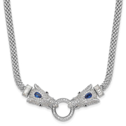 Sterling Silver Rhodium-Plated Blue and Clear CZ Elephant Head Necklace