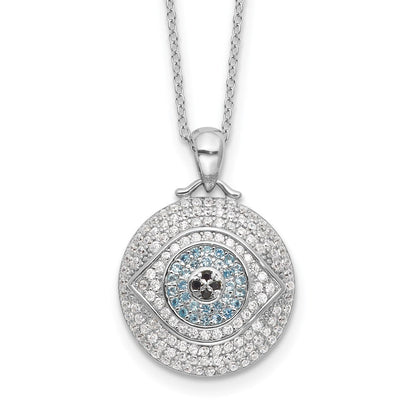 Sterling Silver Rhodium Plated Created Blue Spinel and CZ Evil Eye 18in Necklace