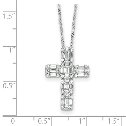 Sterling Silver Rhodium-Plated Baguette CZ Cross 18in Necklace