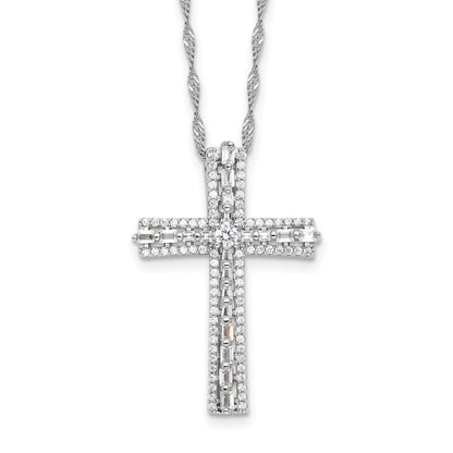 Sterling Silver Rhodium-Plated CZ Cross 18in w/2in Ext. Necklace
