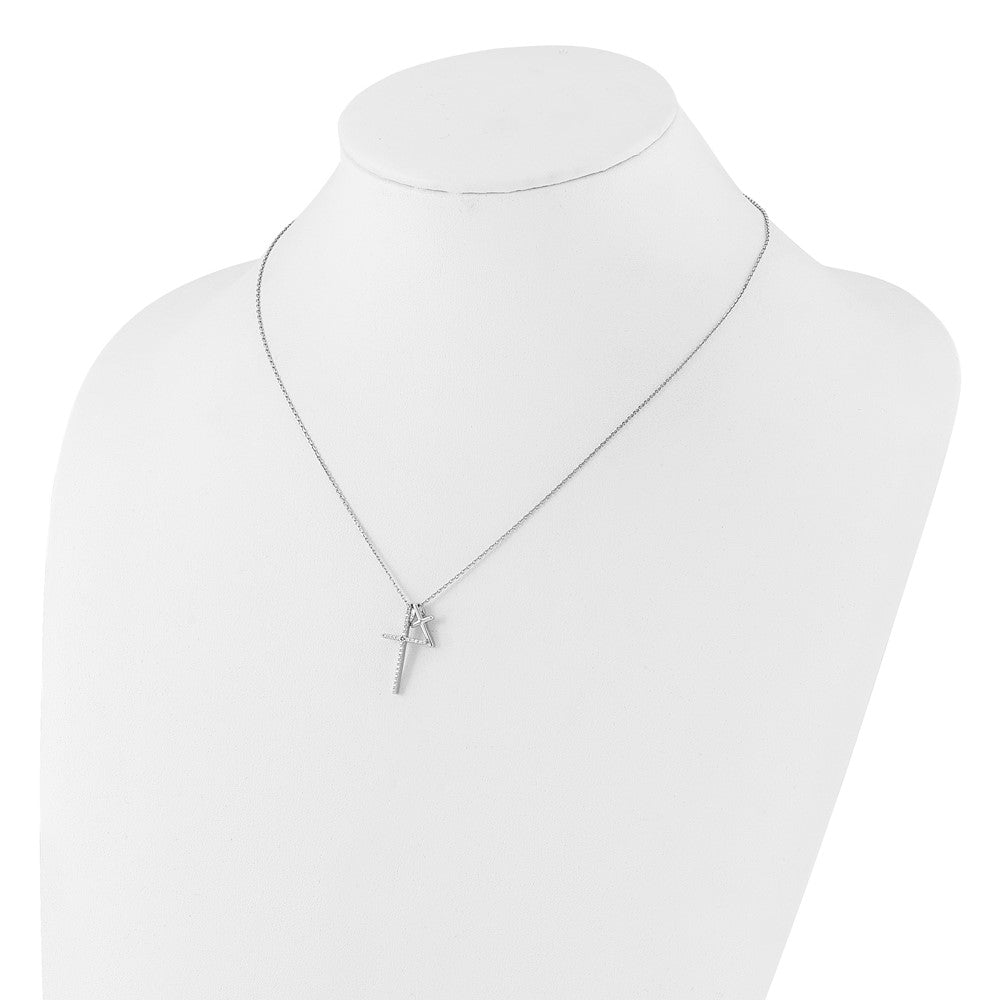 Sterling Silver Rhodium-Plated with CZ Double Cross 16in +2in Ext Necklace