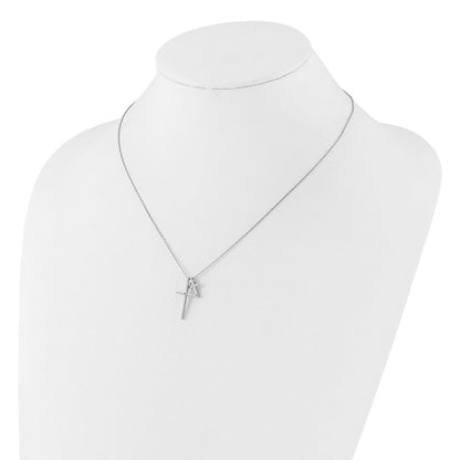 Sterling Silver Rhodium-Plated with CZ Double Cross 16in +2in Ext Necklace